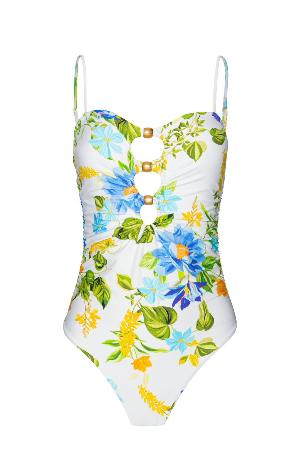 A one piece swimsuit with a floral pattern against a white wall.