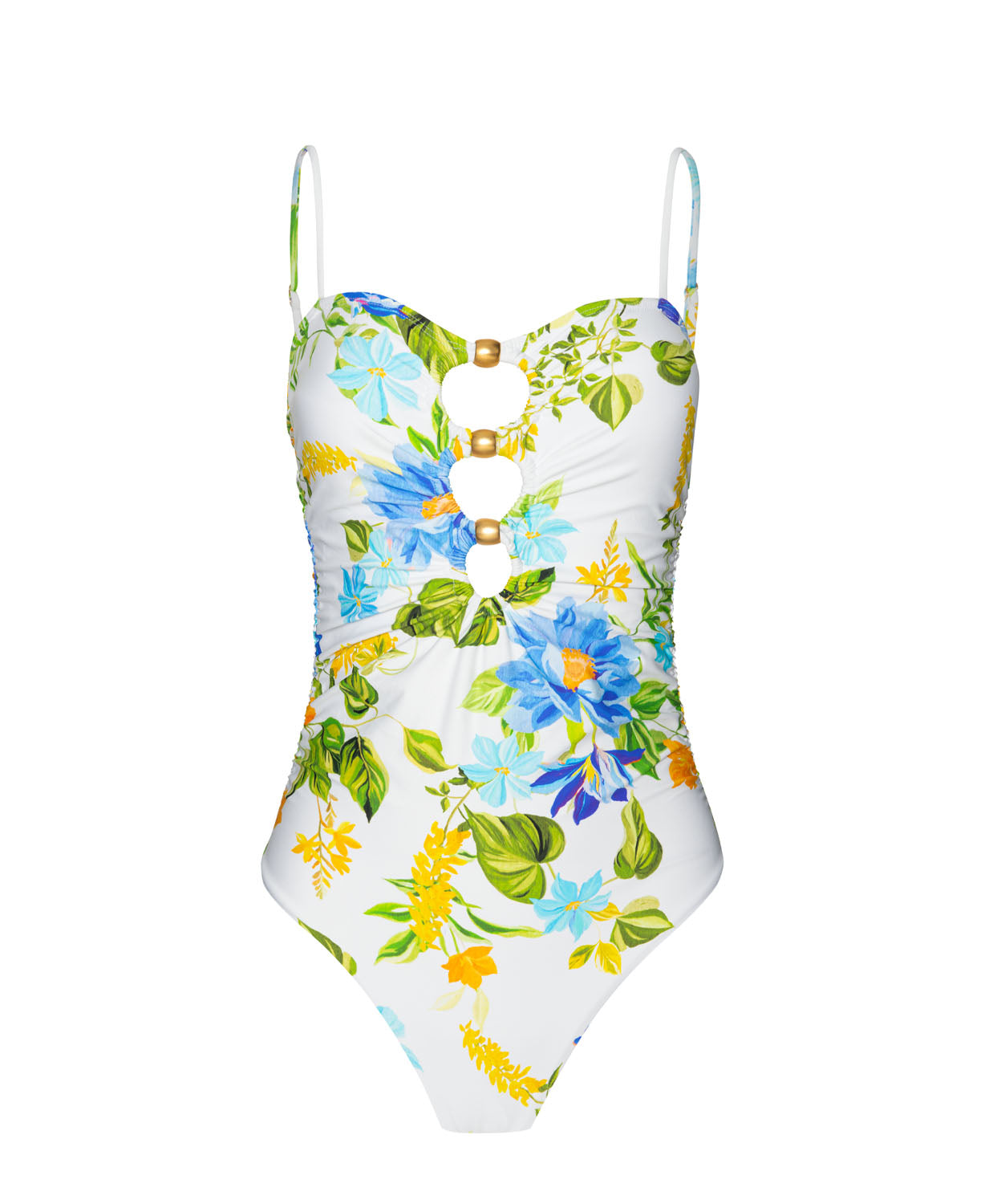 A one piece swimsuit with a floral pattern against a white wall.