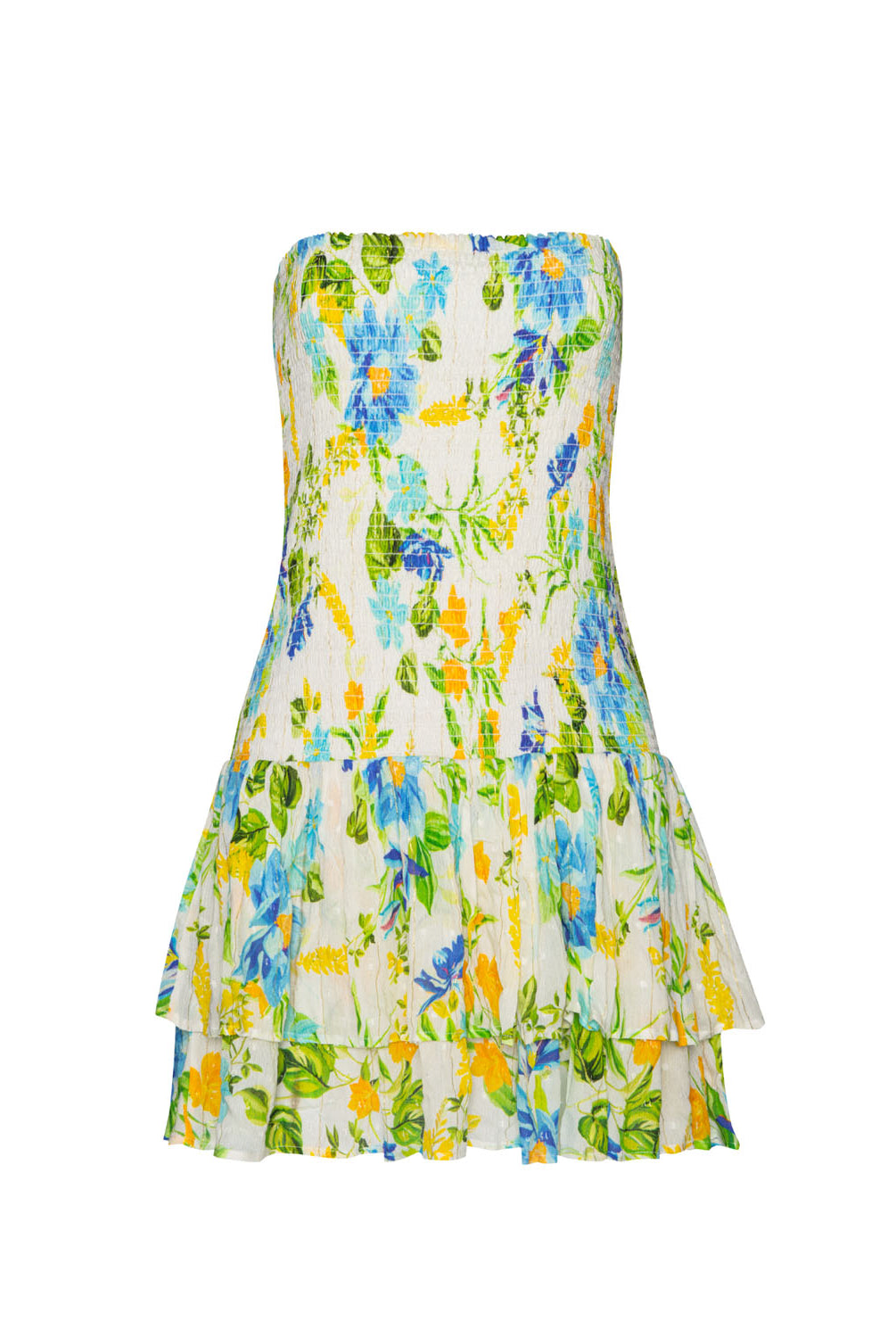 A short strapless floral dress against a white wall.