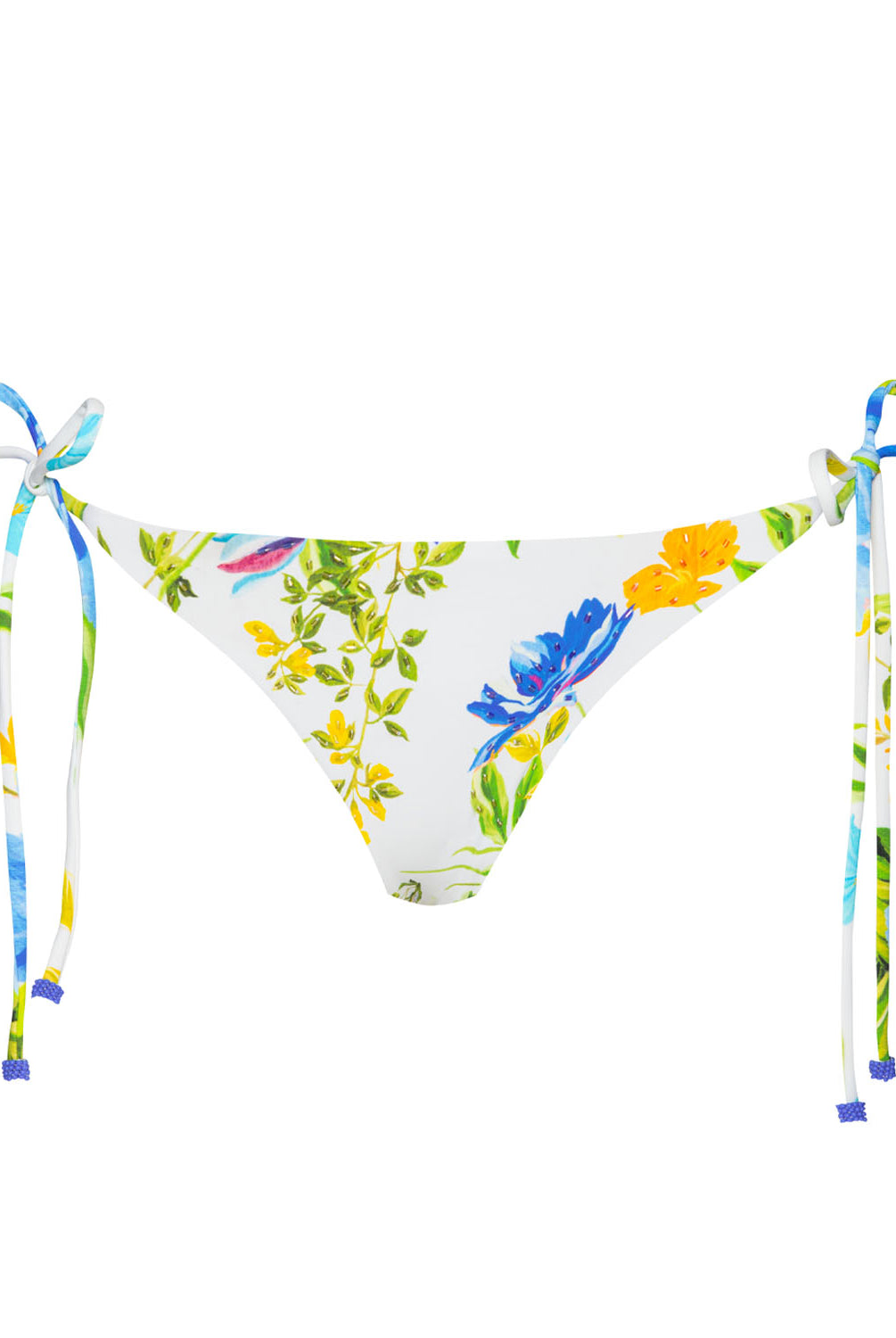 A bikini bottom with side ties and a floral print against a white wall.