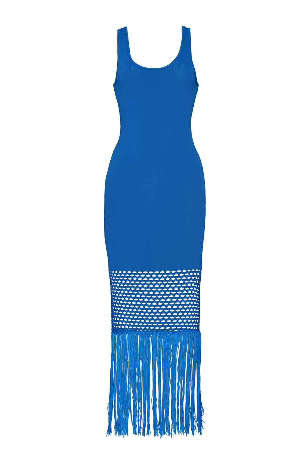 A long blue dress with fringe details against a white wall.