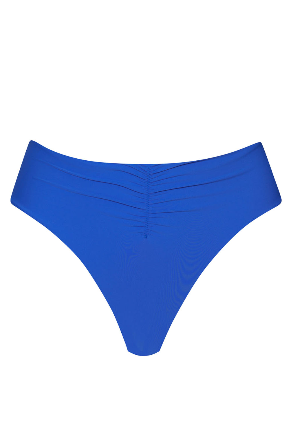 Blue high waist bikini bottoms against a white wall.