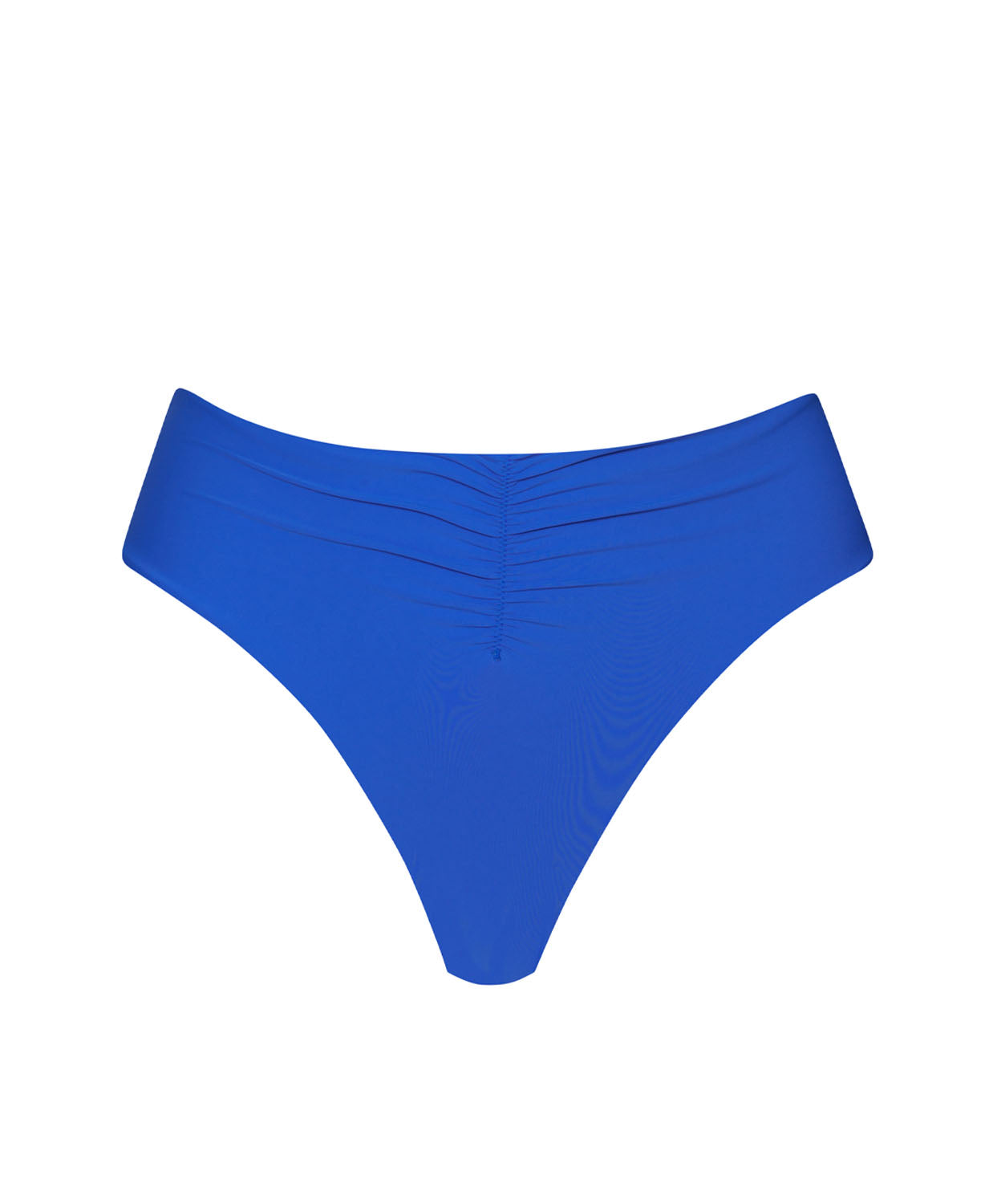 Blue high waist bikini bottoms against a white wall.