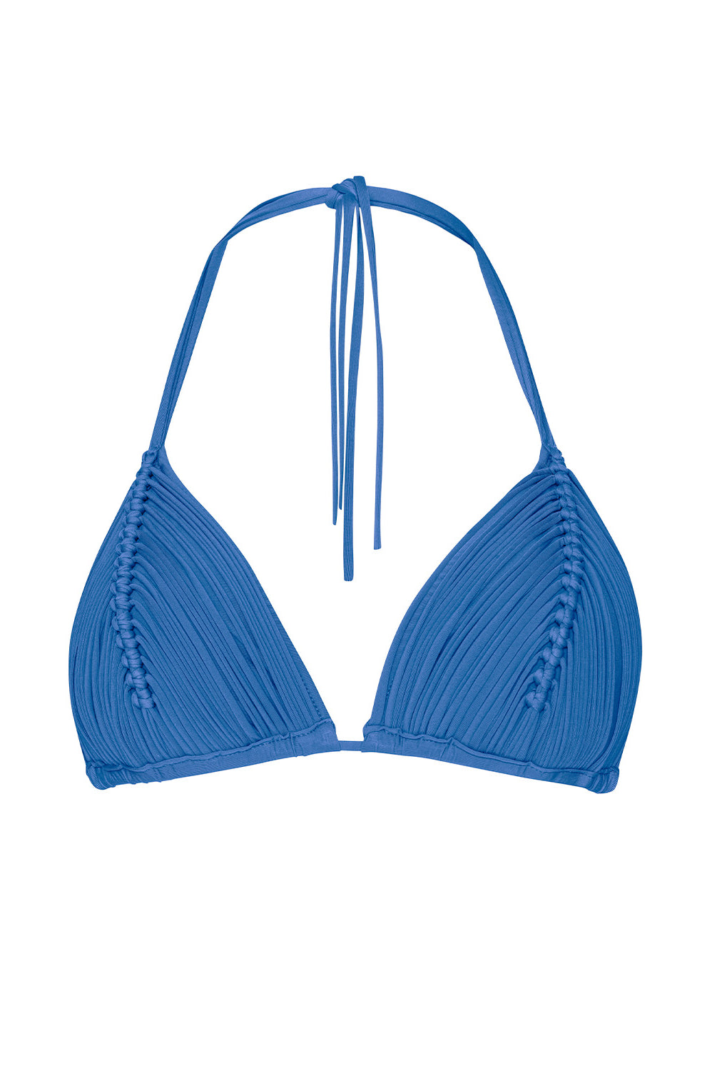 Blue bikini top with macrame details on a white background