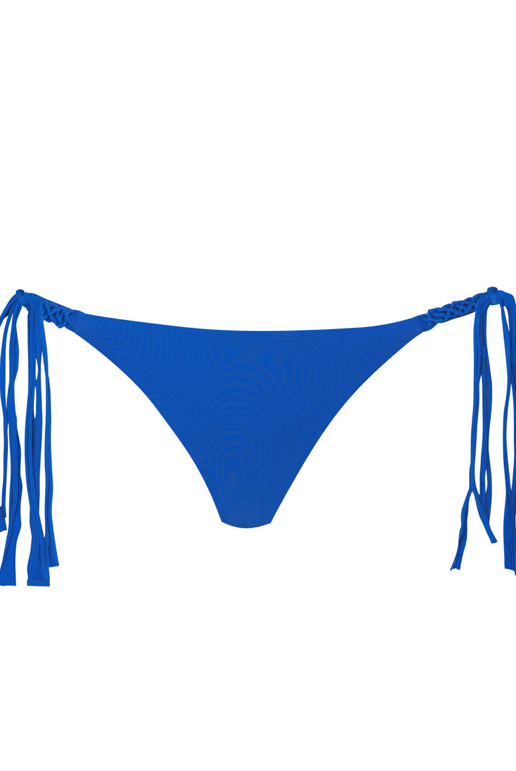 A blue bikini bottom with fringe sides against a white wall.