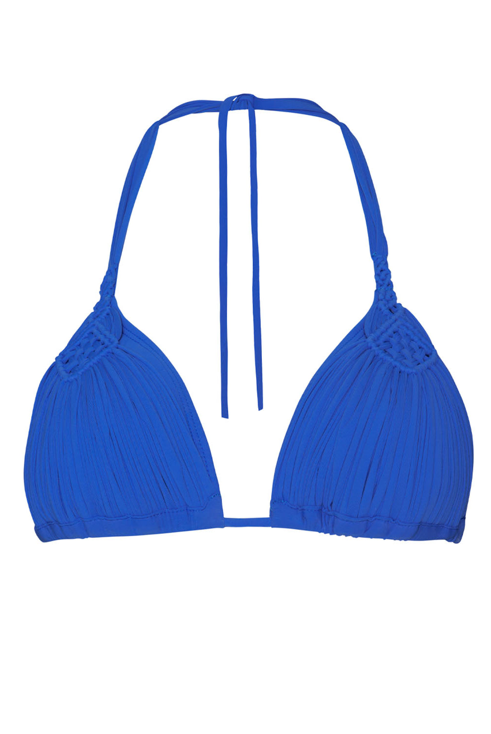 A blue triangle bikini top against a white wall.