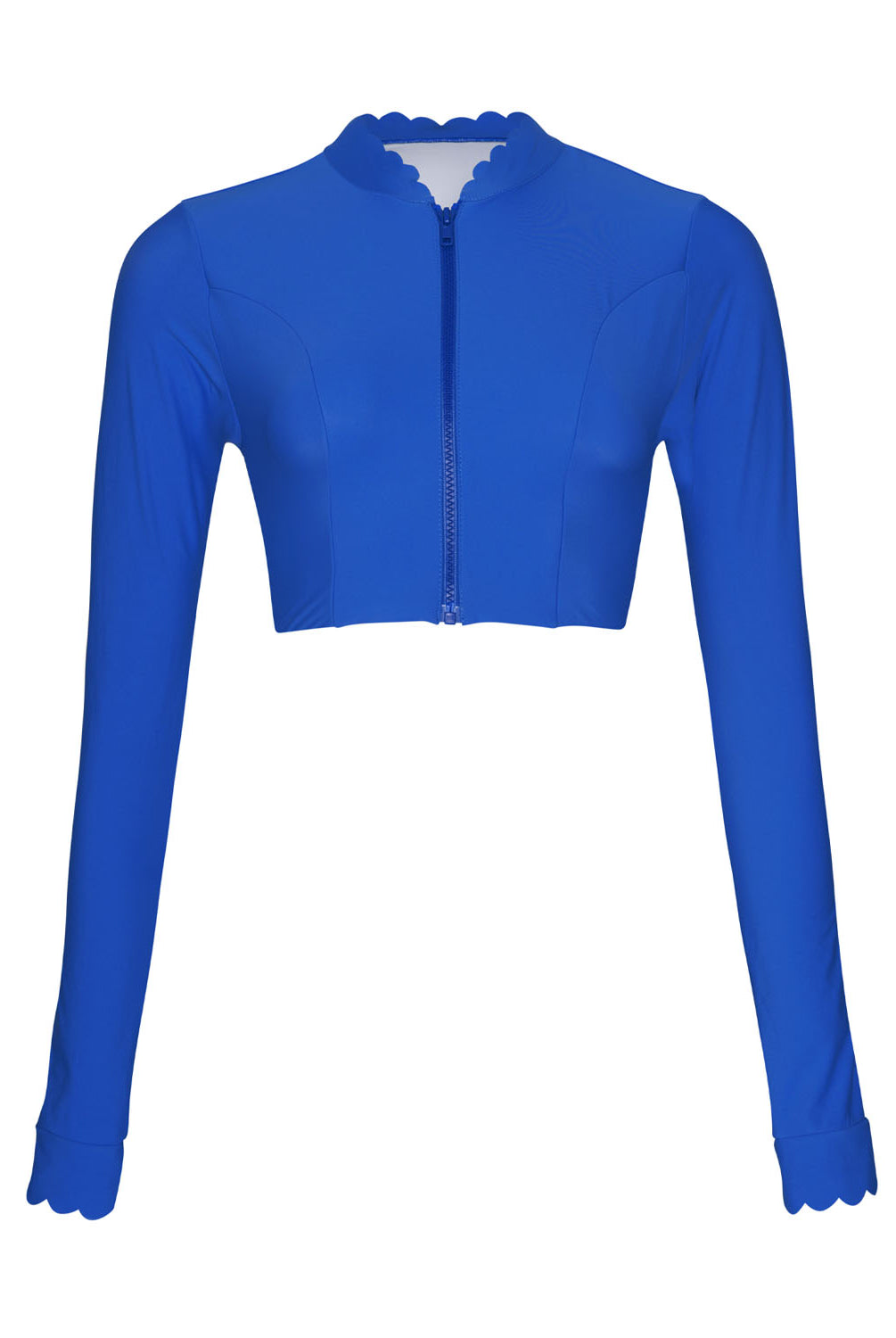 Blueberry Quinn Sun Top, a chic rash guard with scalloped collar and sleeves