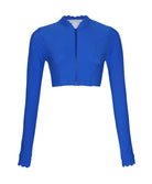 Blueberry Quinn Sun Top, a chic rash guard with scalloped collar and sleeves