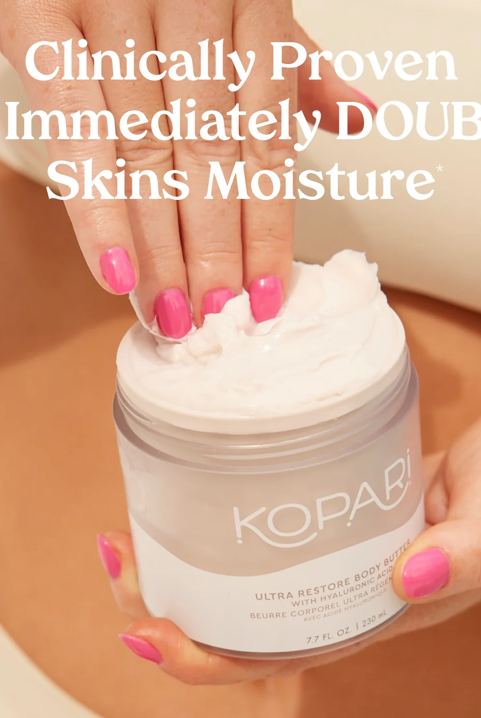 A woman holding an open jar of body lotion.