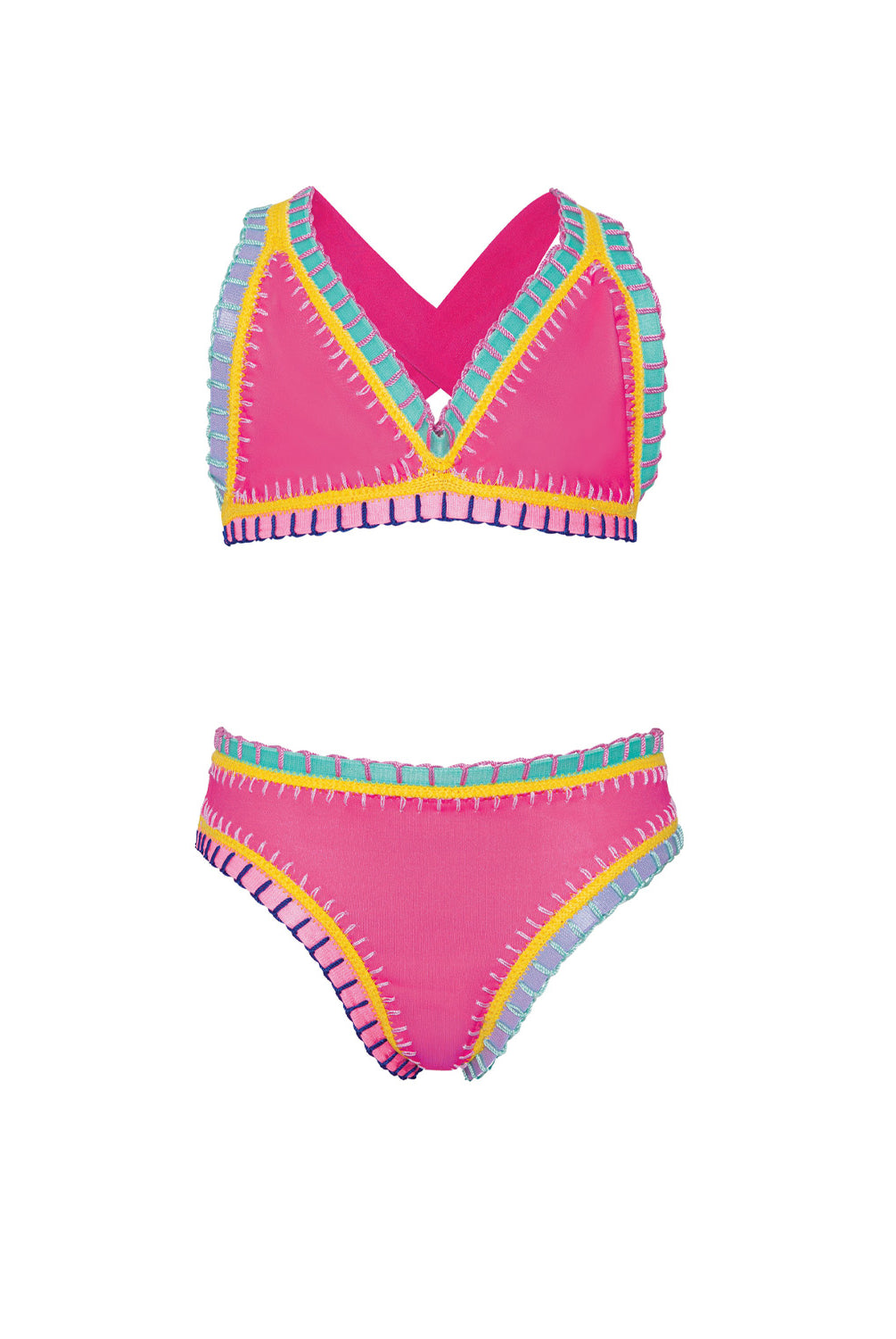 Pink bikini set with colorful trim on a white background