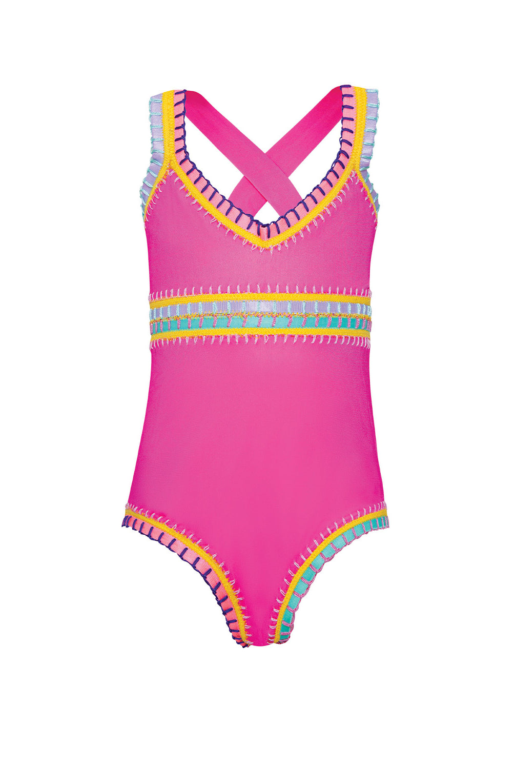 Kids Bright Pink Sadie Rainbow Embroidered One Piece swimsuit with multicolor elastic embroidery and soft tie-dye design.