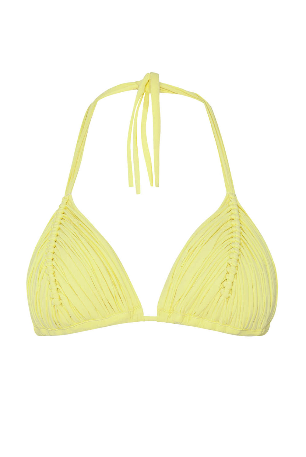 Yellow triangle bikini top on a white background