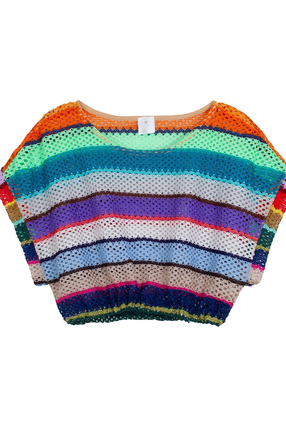 A color block short sleeve crop top against a white wall.