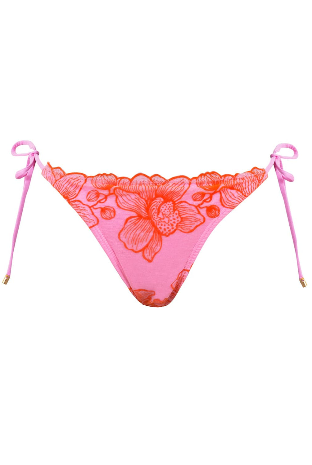 A pink bikini bottom with red floral details against a white wall.