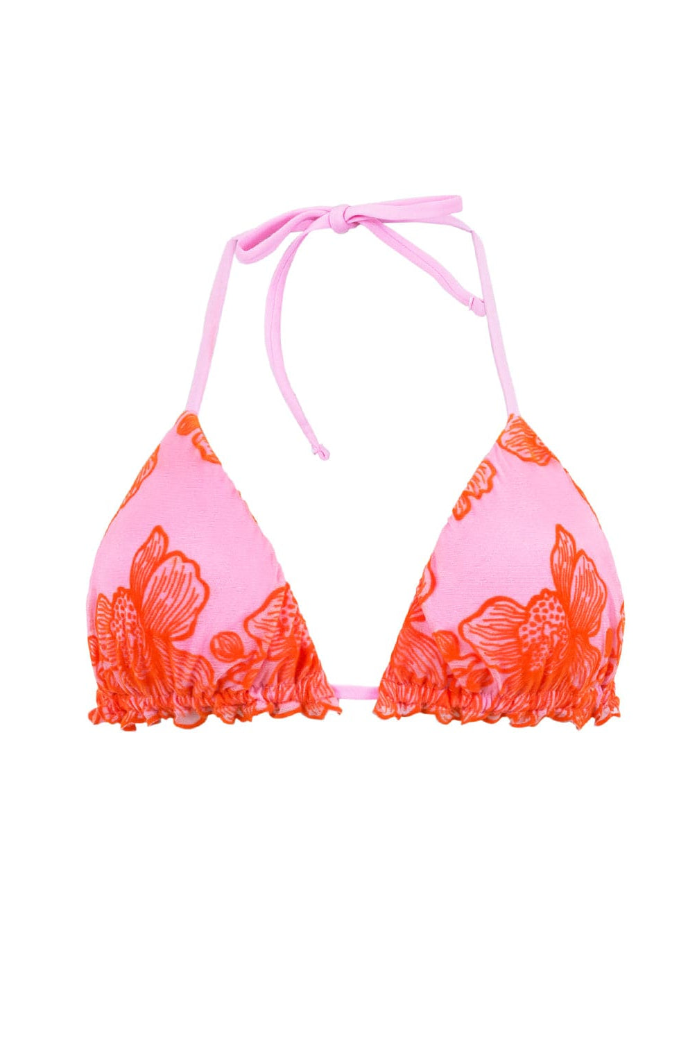 A pink & orange bikini top against a white wall.