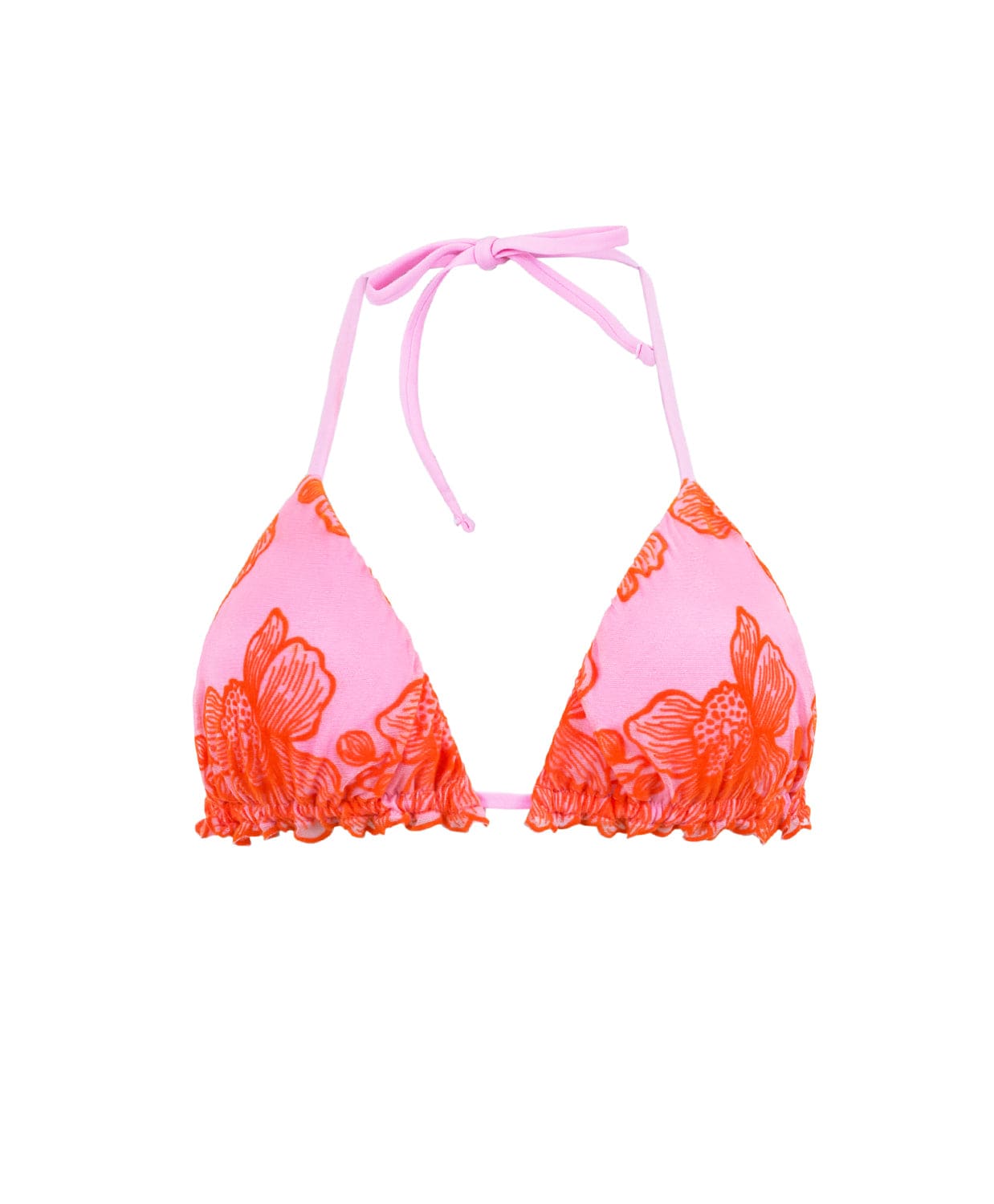 A pink & orange bikini top against a white wall.