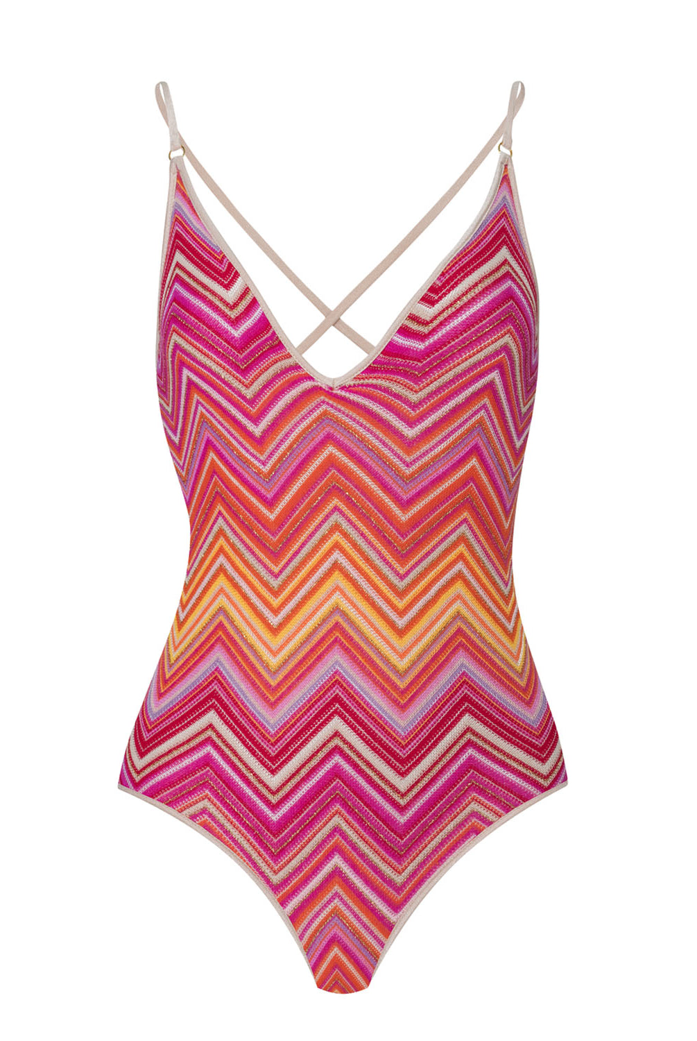 A pink and orange striped one piece swim suit against a white wall.