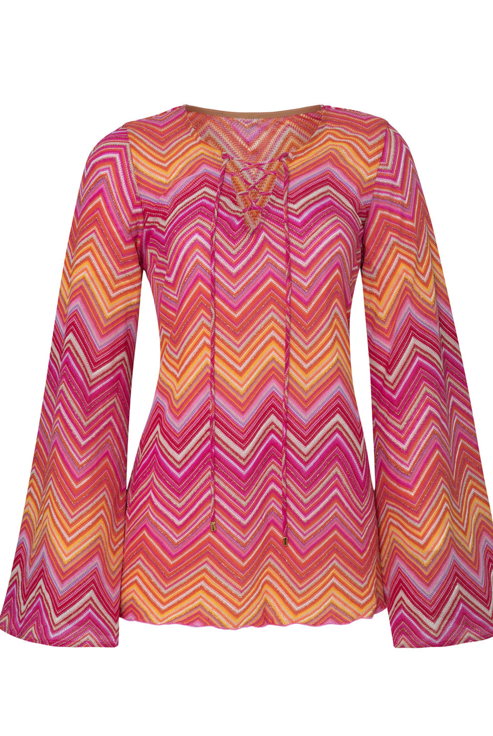 A pink and orange stripe long sleeve dress against a white wall.