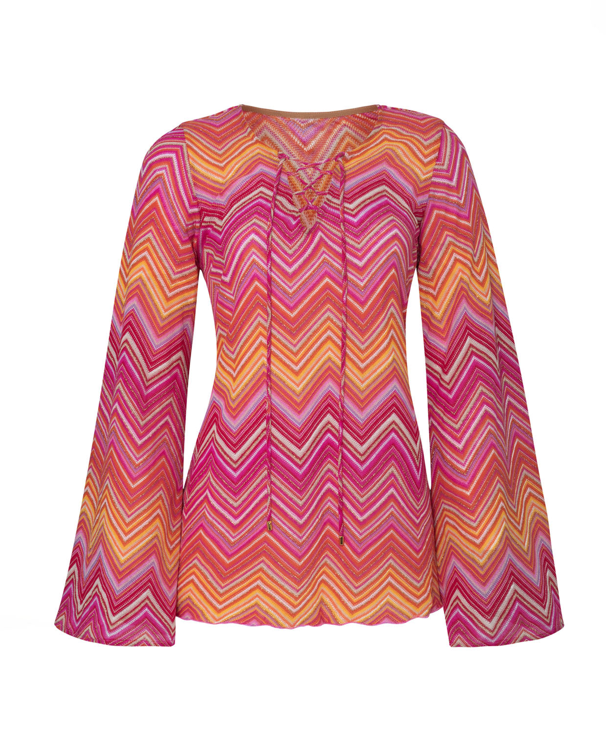 A pink and orange stripe long sleeve dress against a white wall.