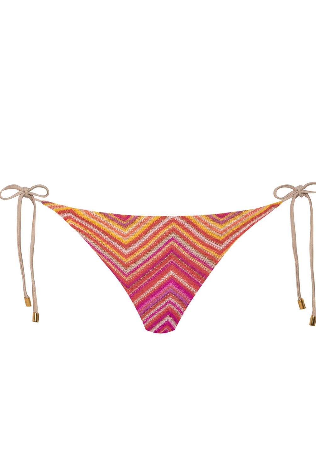 A pink and orange bikini bottom against a white wall.