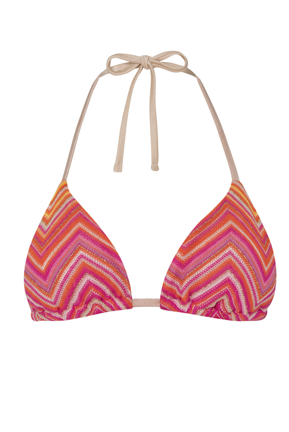 A pink and orange stripe bikini top against a white wall.