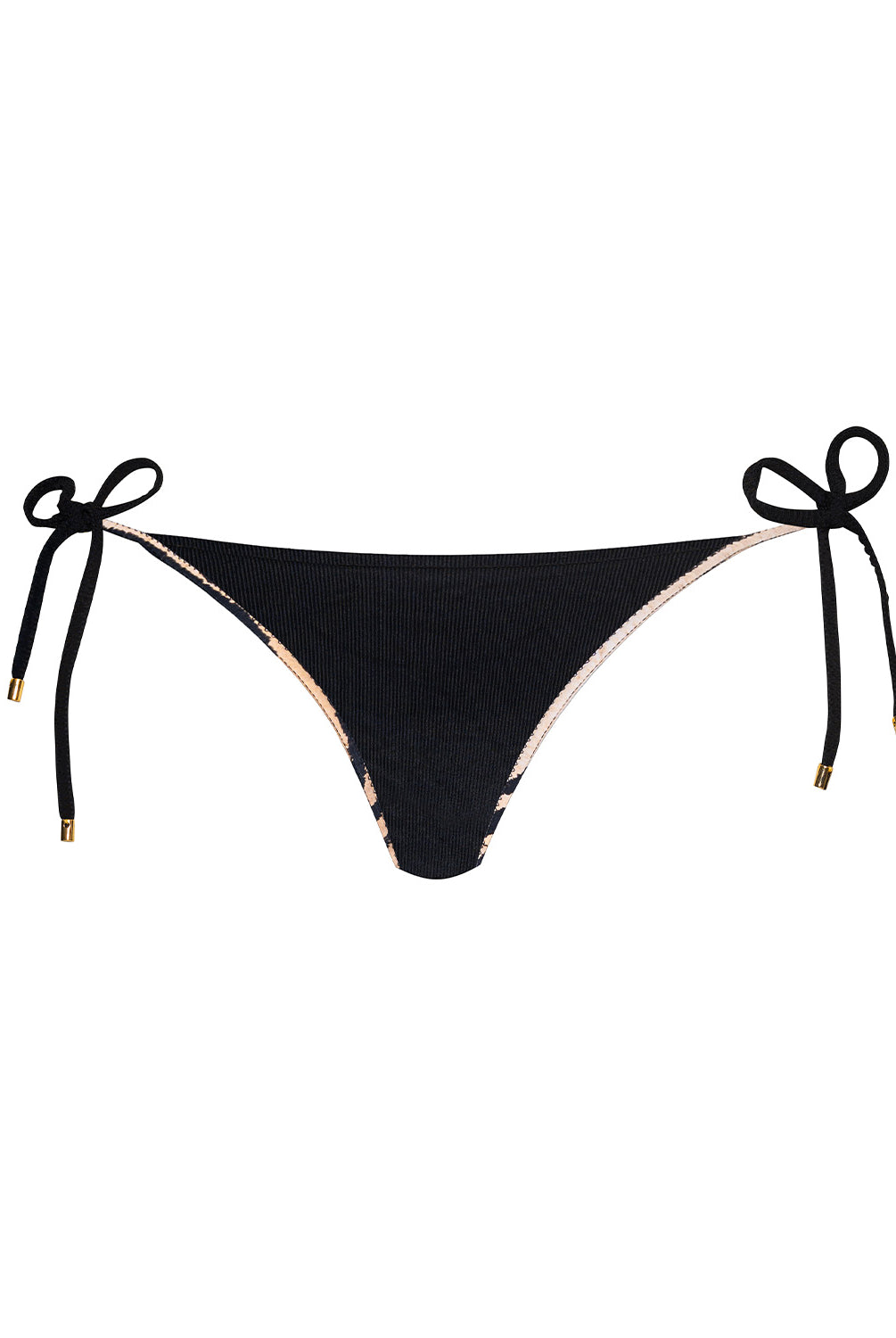 Black bikini bottom with tie sides on a white background