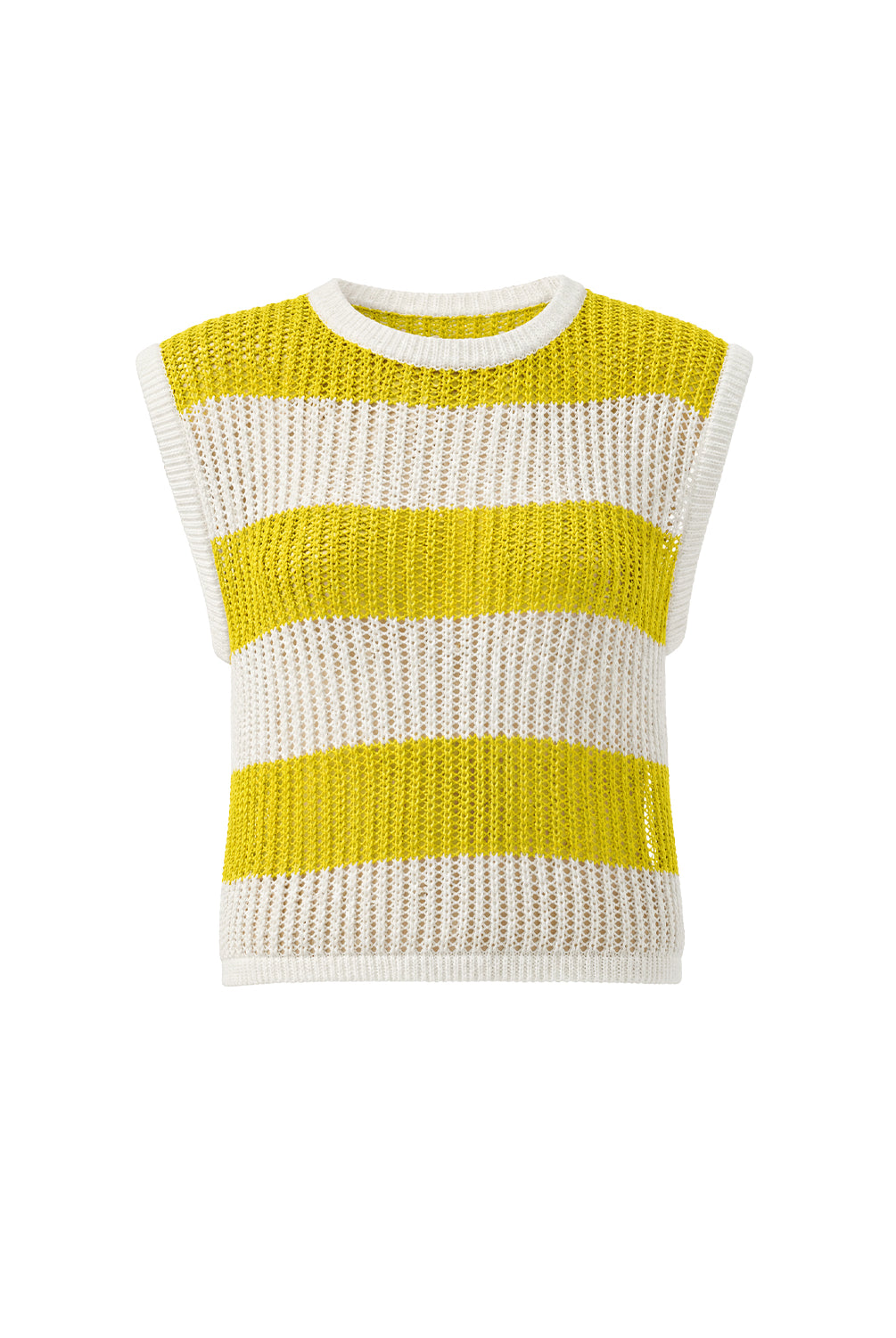Yellow and white striped sleeveless knitted top on a white background