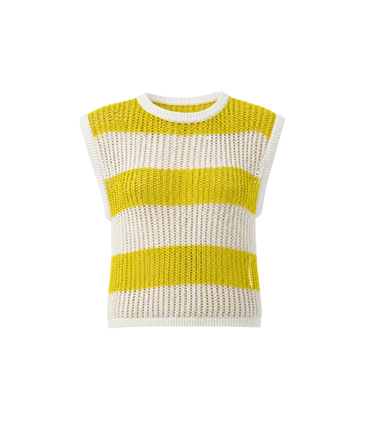 Yellow and white striped sleeveless knitted top on a white background
