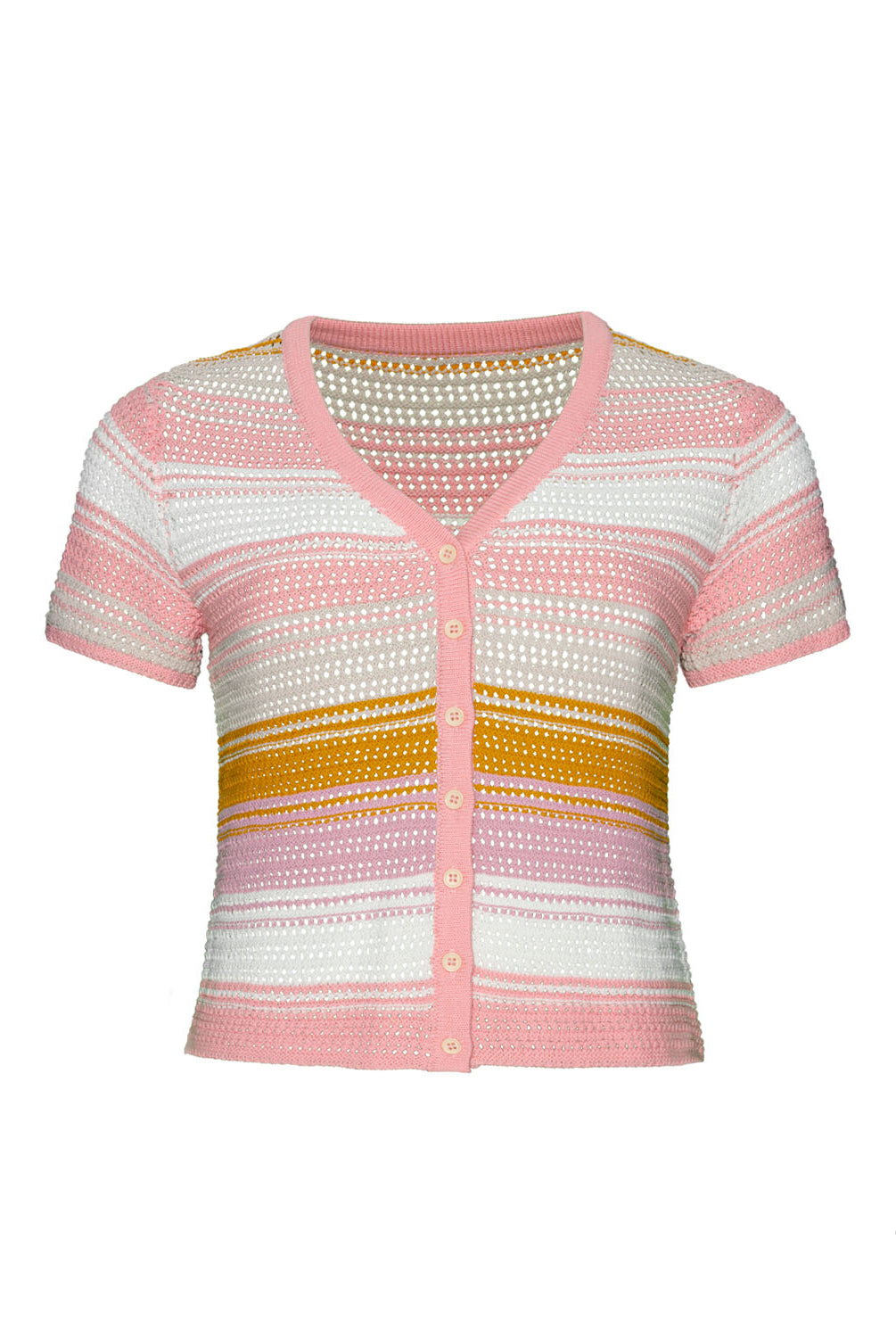 A colorful crochet shirt with buttons against a white wall.