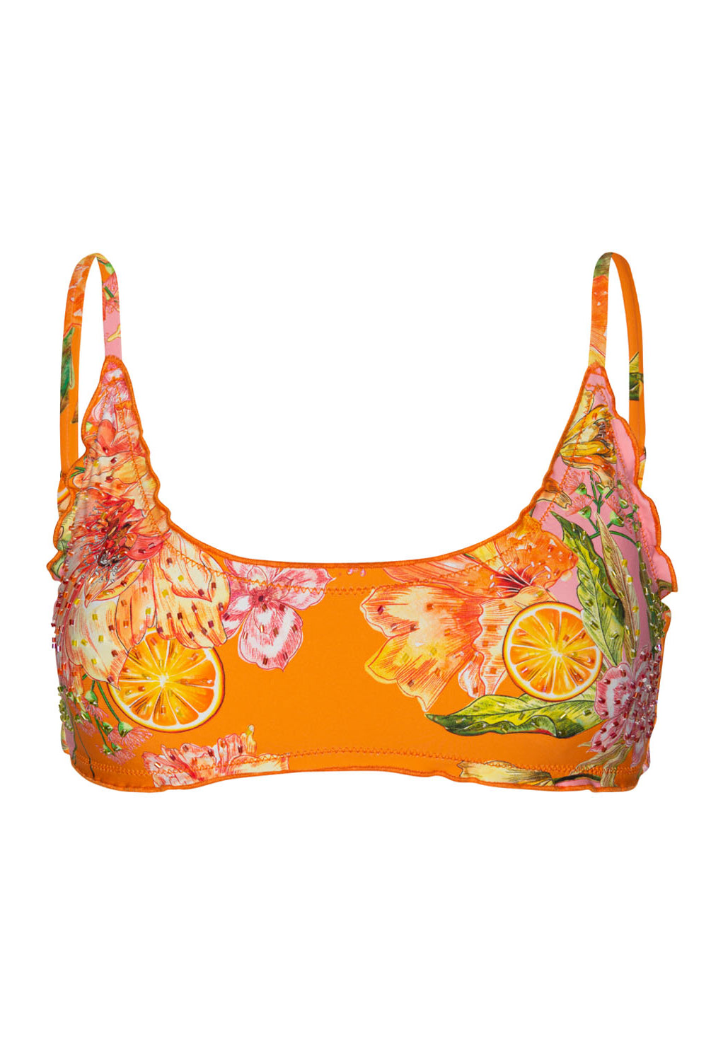 An orange bralette bikini top with beading details against a white wall.