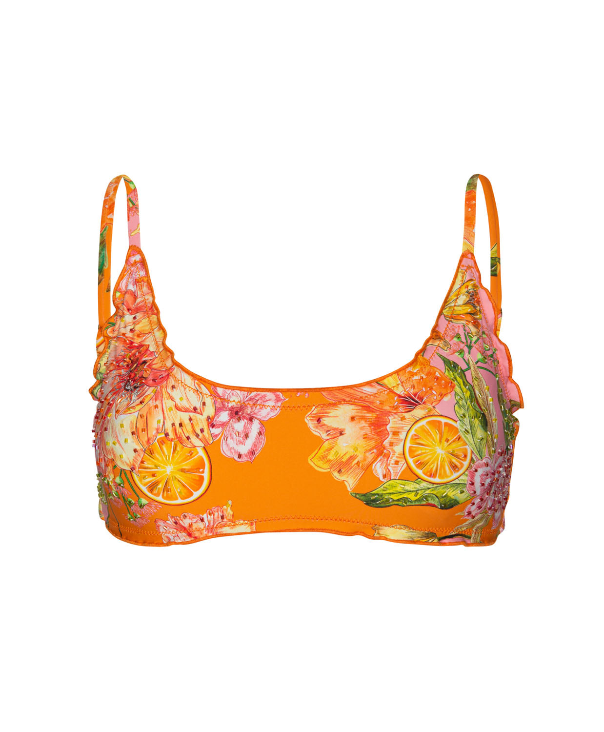An orange bralette bikini top with beading details against a white wall.