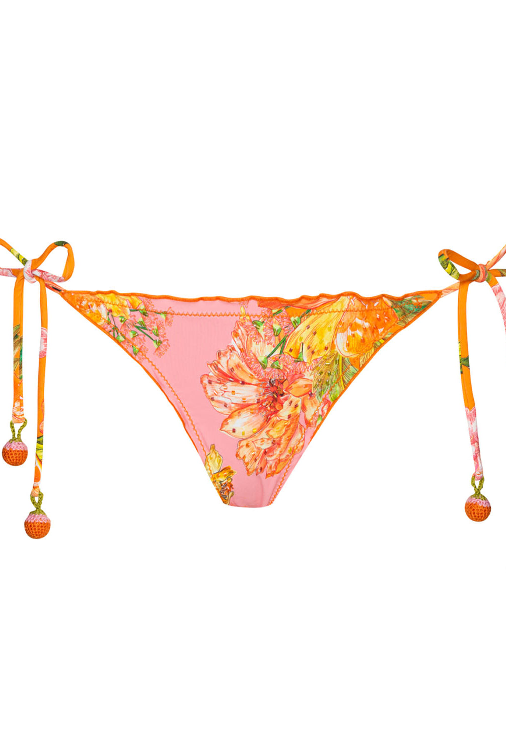 An orange bikini bottom with beaded details against a white wall.