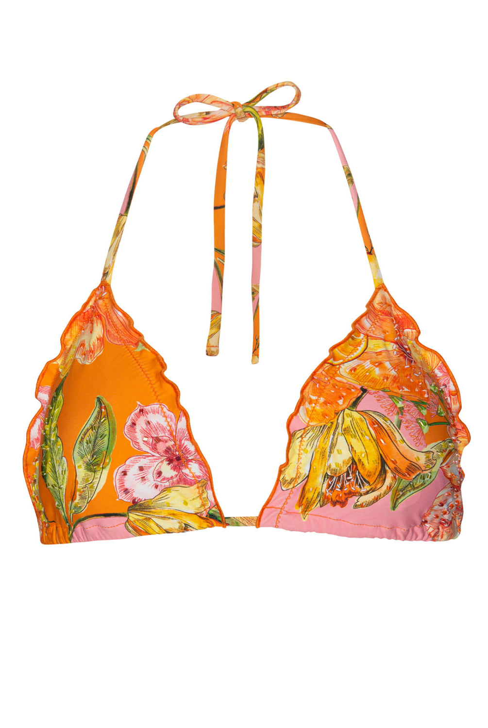 An orange triangle top bikini with beaded details against a white wall.