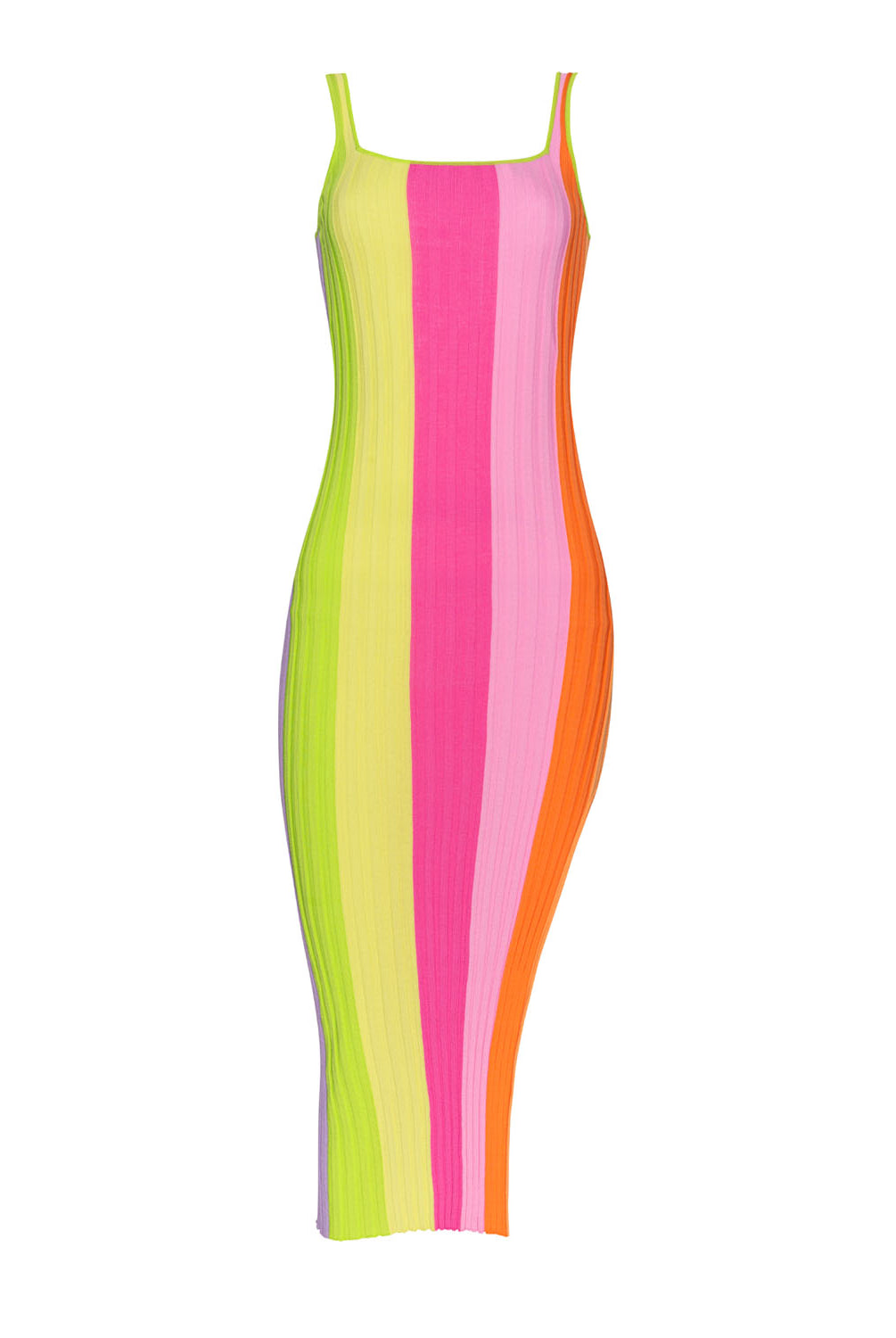 A colorful striped dress against a white wall.