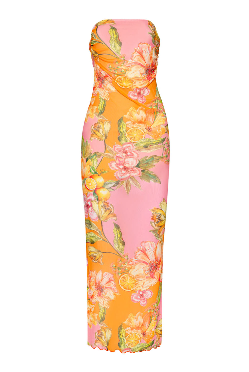 A long strapless pink and orange dress with a floral print against a white wall.