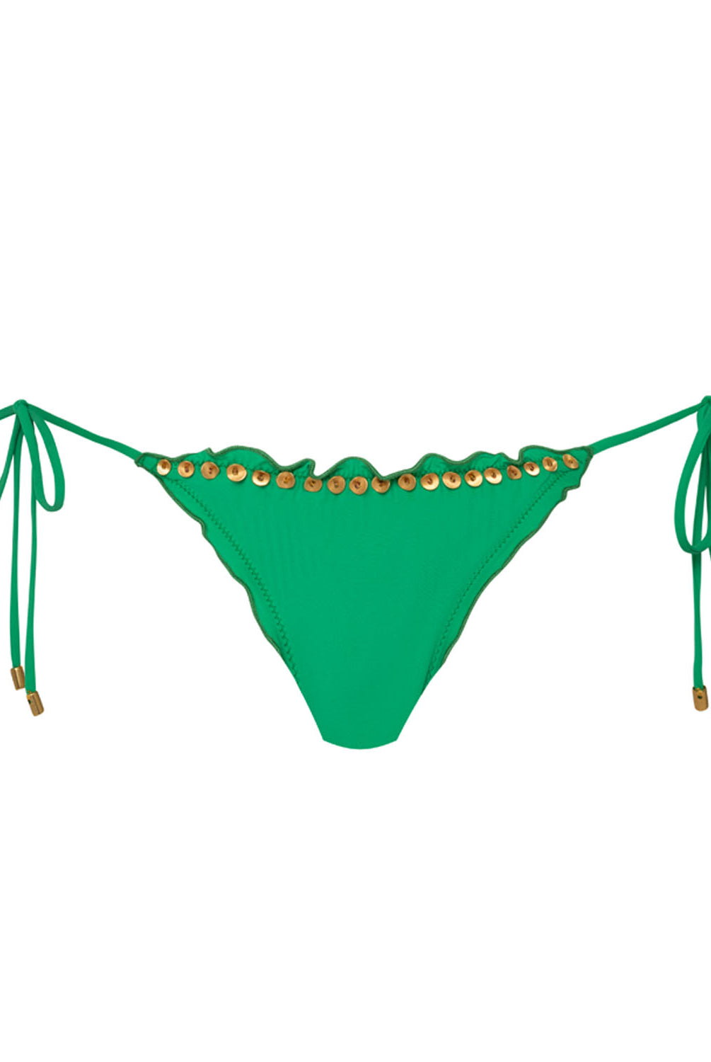 A green bikini bottom against a white wall background.