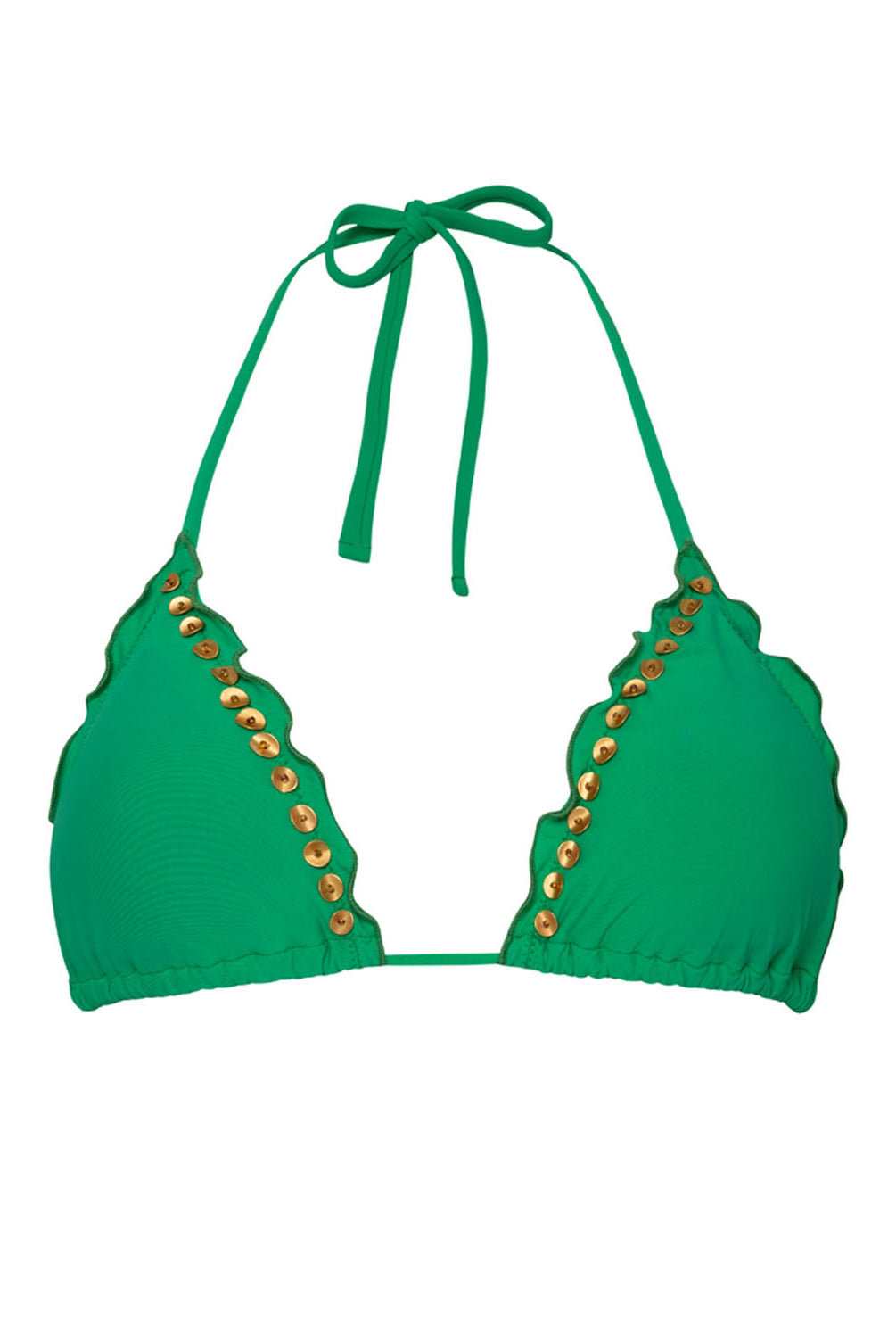 A green bikini triangle top against a white wall background.