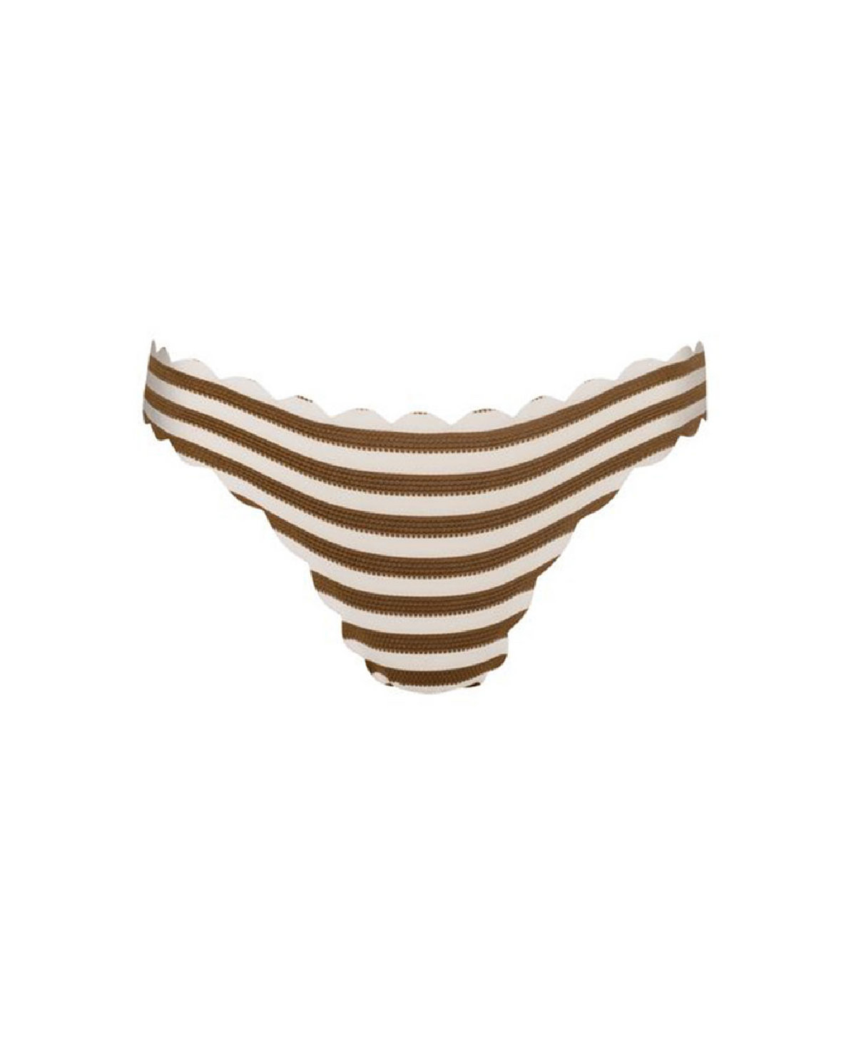 A pair of women's bikini bottoms featuring horizontal brown and cream stripes with a scalloped edge, displayed on a solid white background.