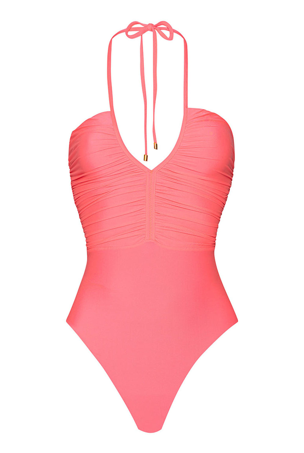 Coral one-piece swimsuit with halter neck design on a white background