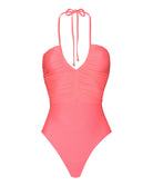 Coral one-piece swimsuit with halter neck design on a white background