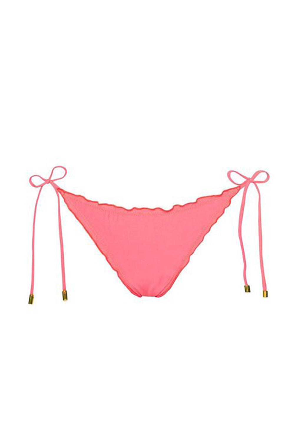 Pink bikini bottom with string ties on a white background