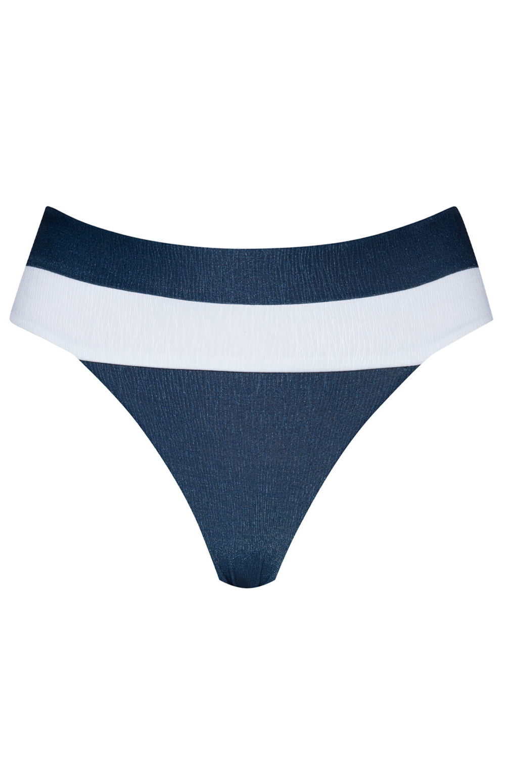 A navy and white color block bikini bottom against a white wall.