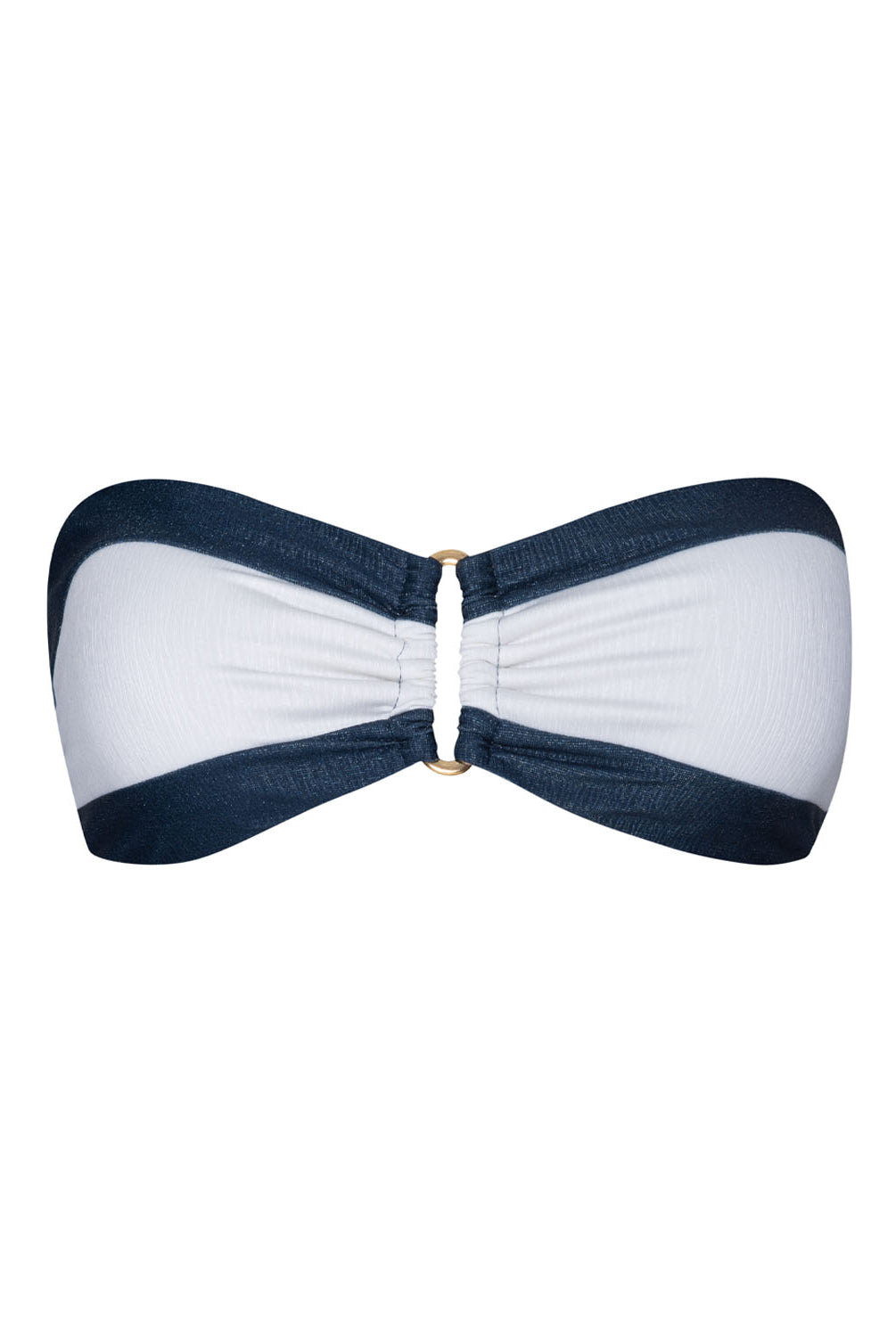 A navy and white color block bandeau bikini top against a white wall.