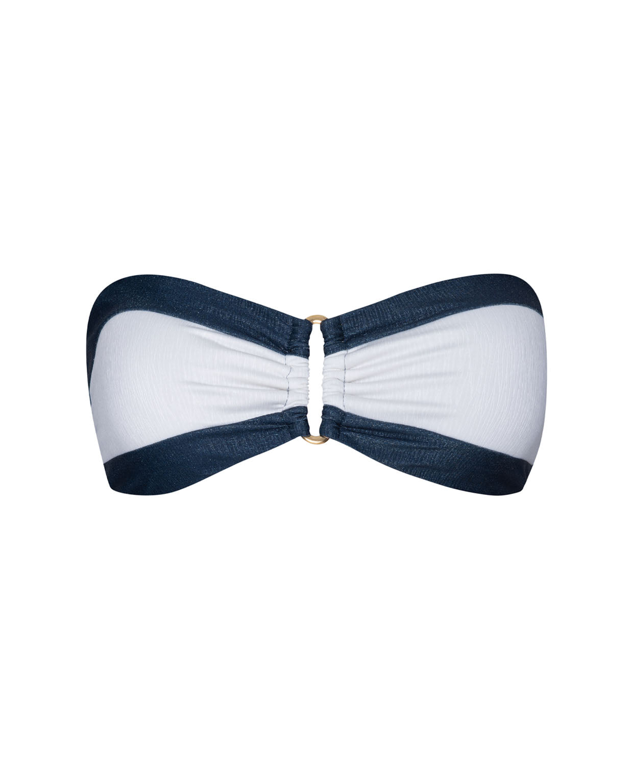 A navy and white color block bandeau bikini top against a white wall.