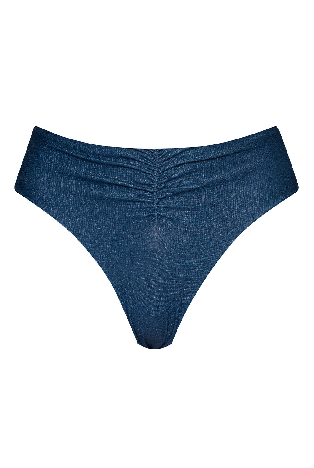 A navy high waist bikini bottom against a white wall.