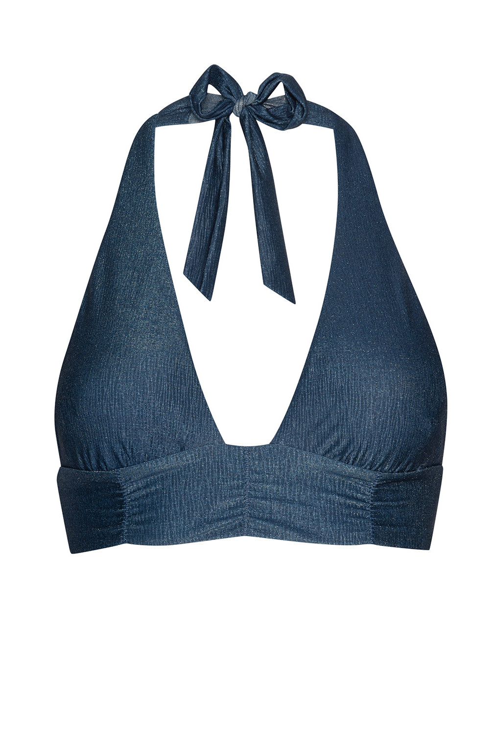 A navy halter style bikini top against a white wall.