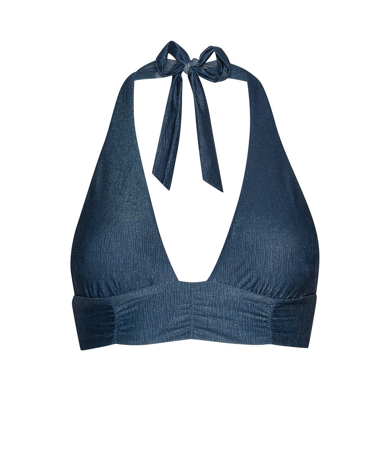 A navy halter style bikini top against a white wall.