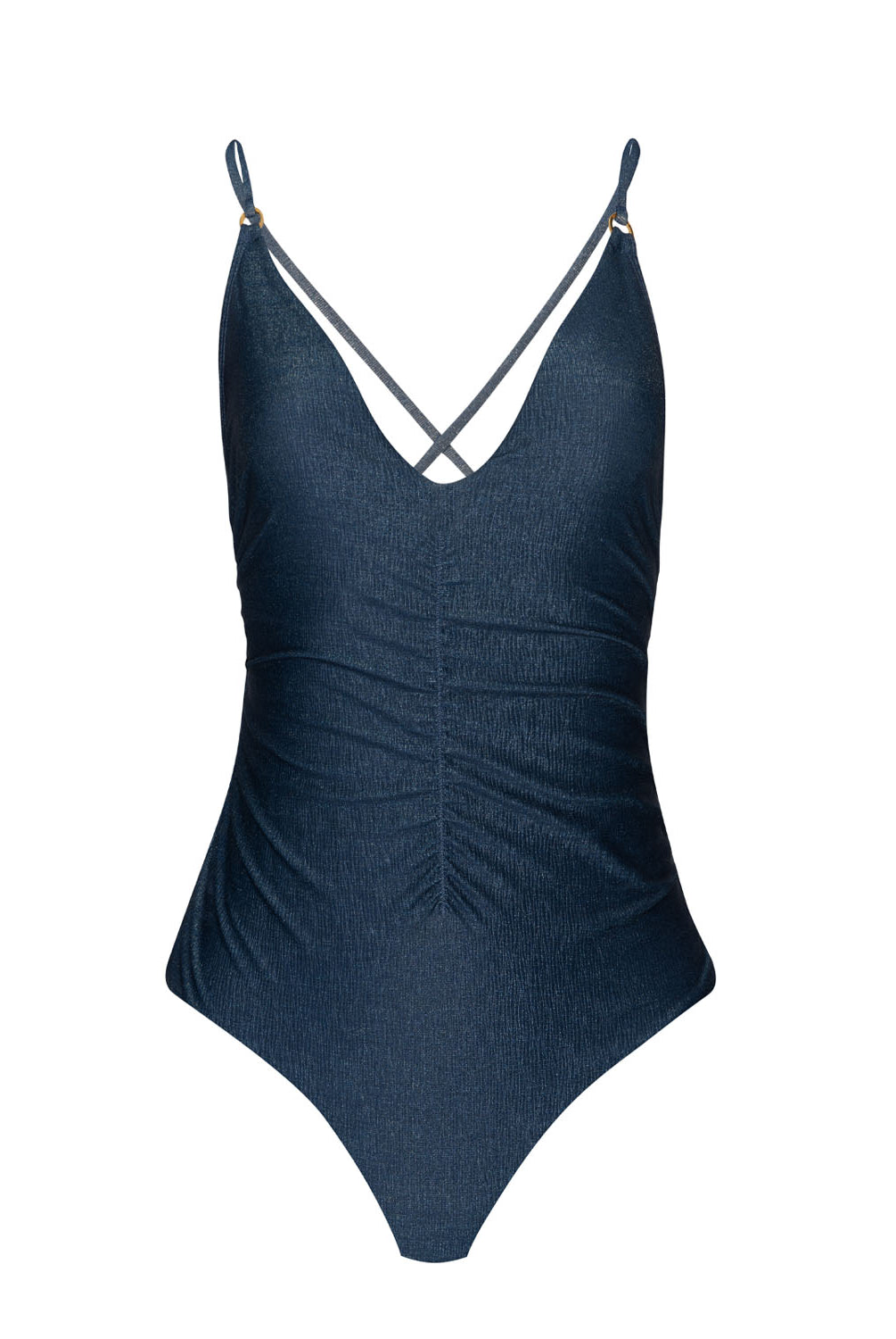 A navy one piece swim suit against a white wall.