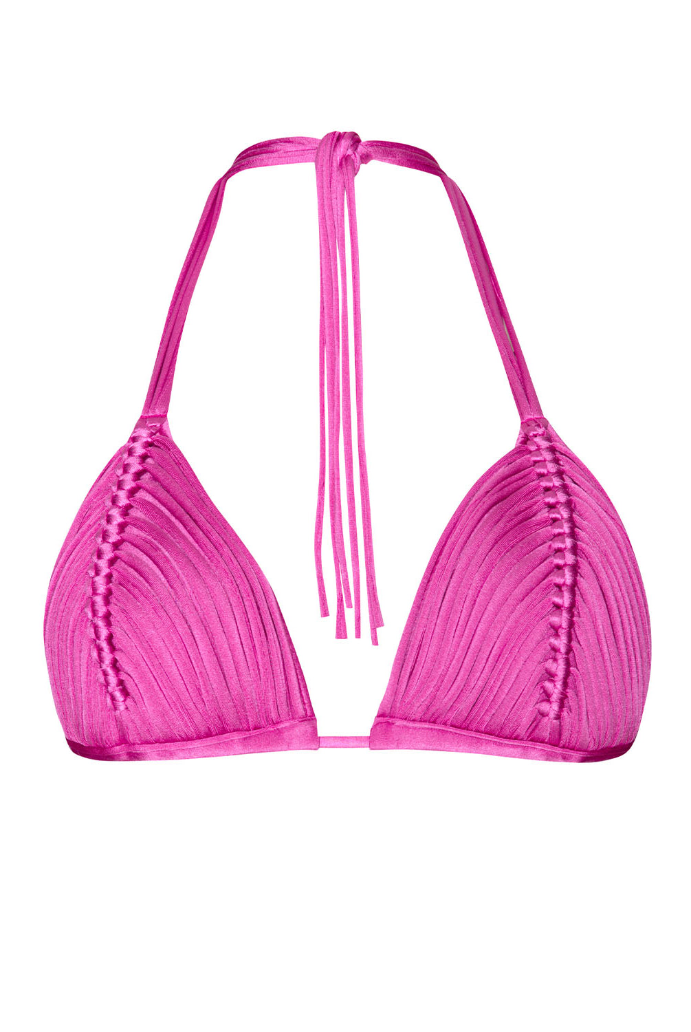 A pink triangle bikini top against a white wall.
