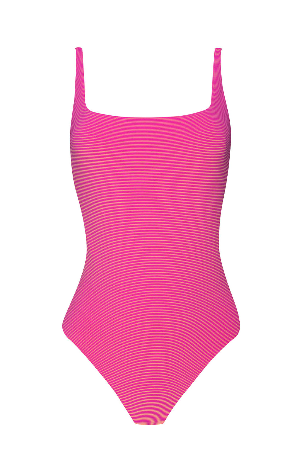 A pink square neck one piece bathing suit in front of a white background.